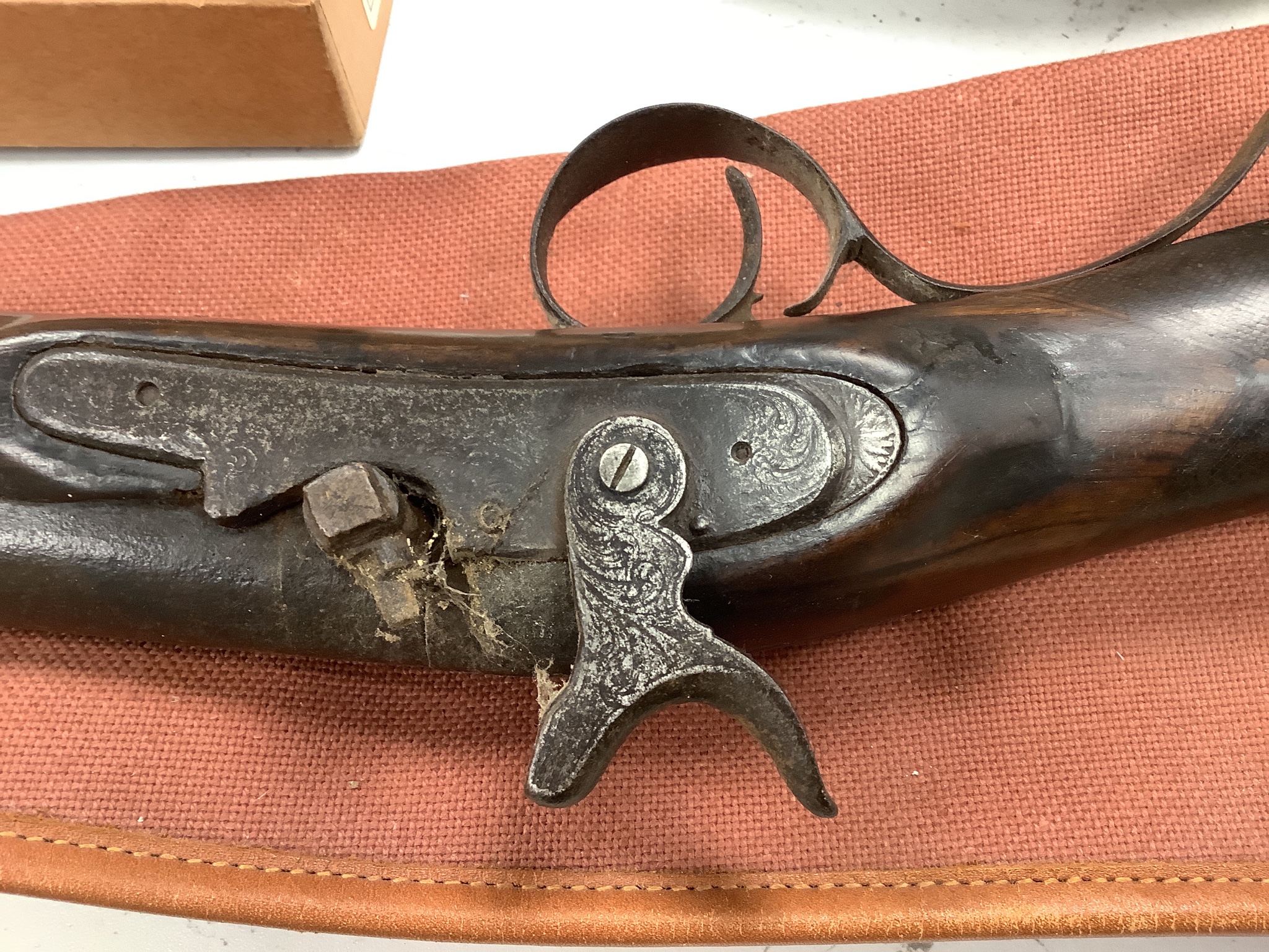 A 19th century percussion rifle, walnut stock, with ram rod, in canvas case, complete with gun cleaning kit